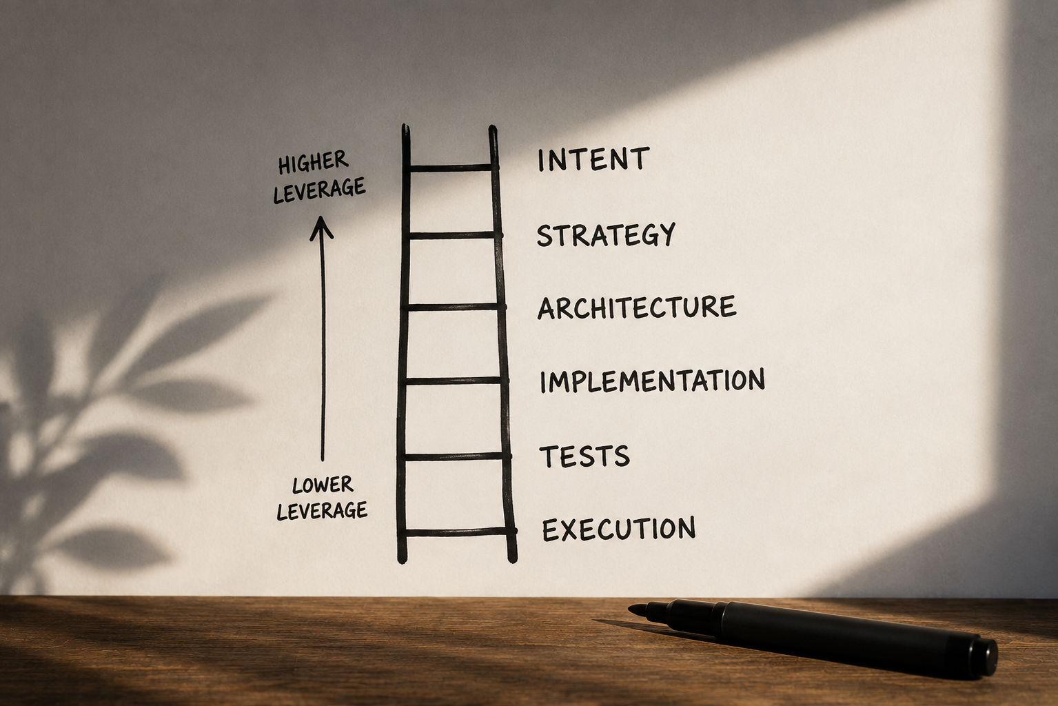 Minimal hand-drawn abstraction ladder showing execution, tests, implementation, architecture, strategy and intent, with leverage increasing toward the top.