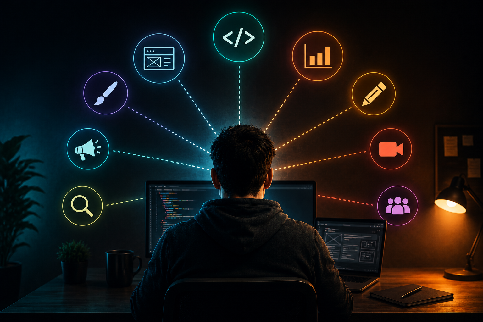 Engineer at a workstation surrounded by connected icons representing coding, UX, marketing, research, analytics, content and other product roles.
