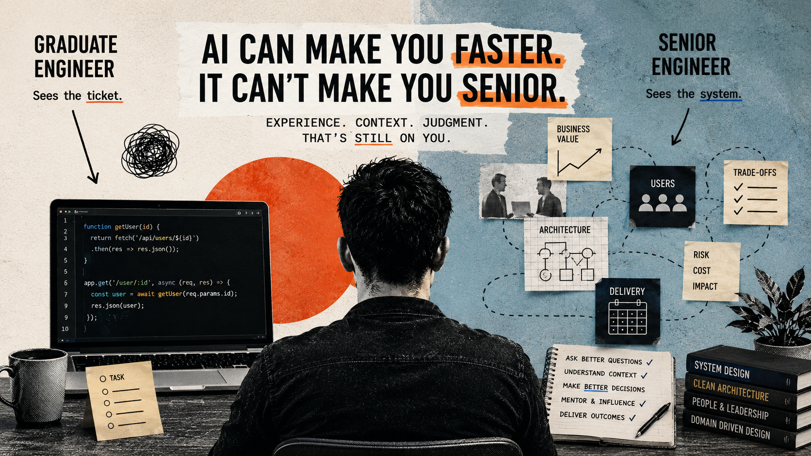 Editorial split-screen illustration comparing a graduate engineer focused on a coding ticket with a senior engineer considering the wider system, including users, business value, architecture, trade-offs, risk, cost, impact and delivery.
